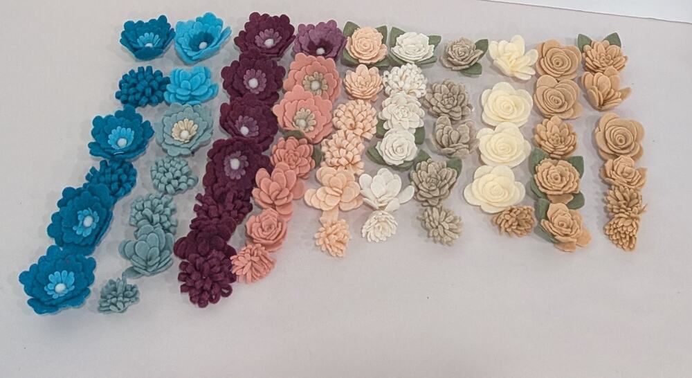 Handmade Felt Flowers Lot of Over 60 Craft Supplies Multiple Styles